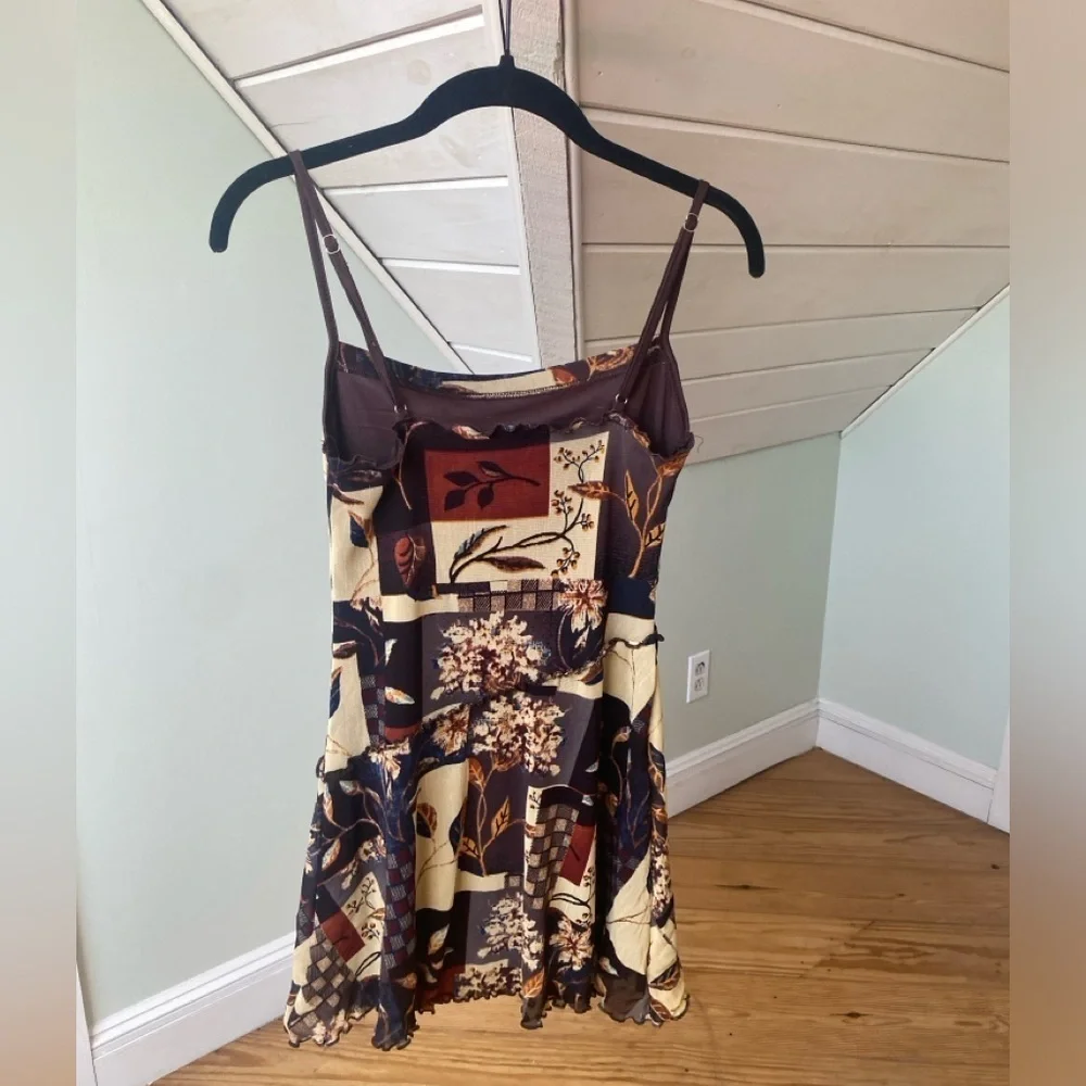 Mini Dress Womens Small Brown Floral Mesh Lined Stretch Strappy Ruffle Cider - Picture 6 of 9